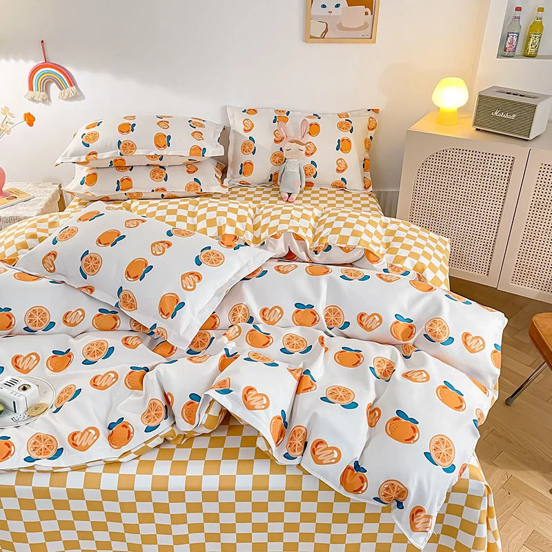 

Orange Bedding Sets Checkerboard Bedclothes For Kids Boy Girls Home Decor Korean Home Textile Soft Fashion INS Duvet Cover