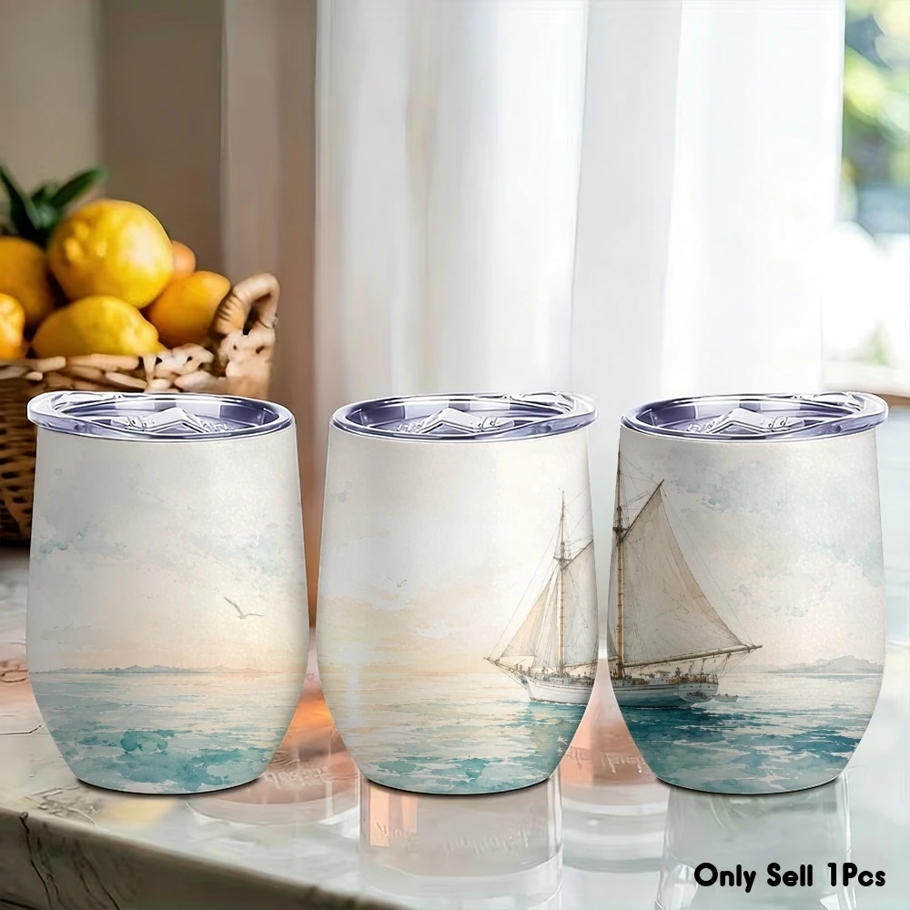 Artistic sailing boat on the sea Vacuum Flasks 12oz Insulated Wine Tumbler Vacuum Coffee Mug Egg Shape Thermos Cup