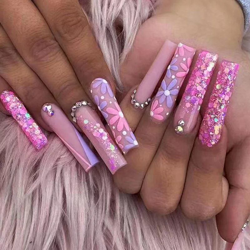 

24Pcs Artificial False Nails Long Coffin Full Cover Fake Nails with Butterfly Rhinestone Design Wearable Ballet Press on Nails