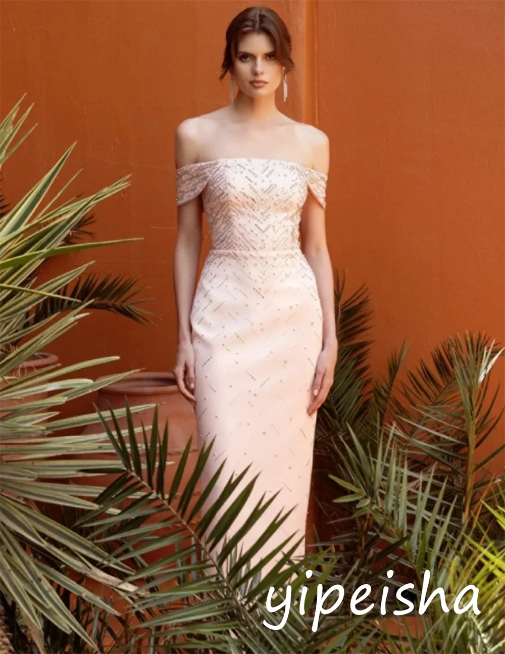 Abiti lunghi casual personalizzati in jersey semplice con paillettes A-line con spalle scoperte Occasioni su misura Classiche