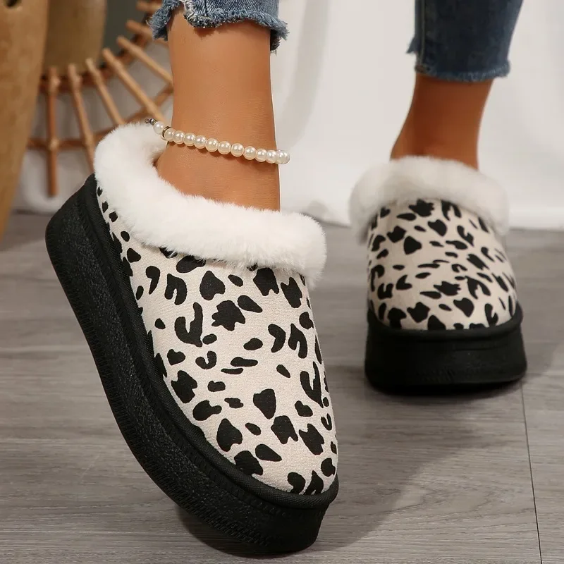 2024 Plus Size Shoes Female Closed Toe Women's Slippers Platform Warm Slippers Women Leopard Round Toe Flat with Shoes Women image 5