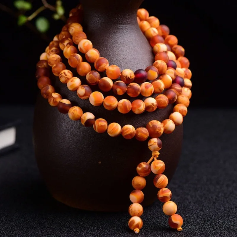 Ambergris Tiger Skin Pattern 108 Old Beeswax Amber Wax Round Beads Bracelet Buddha Beads Multi-circle