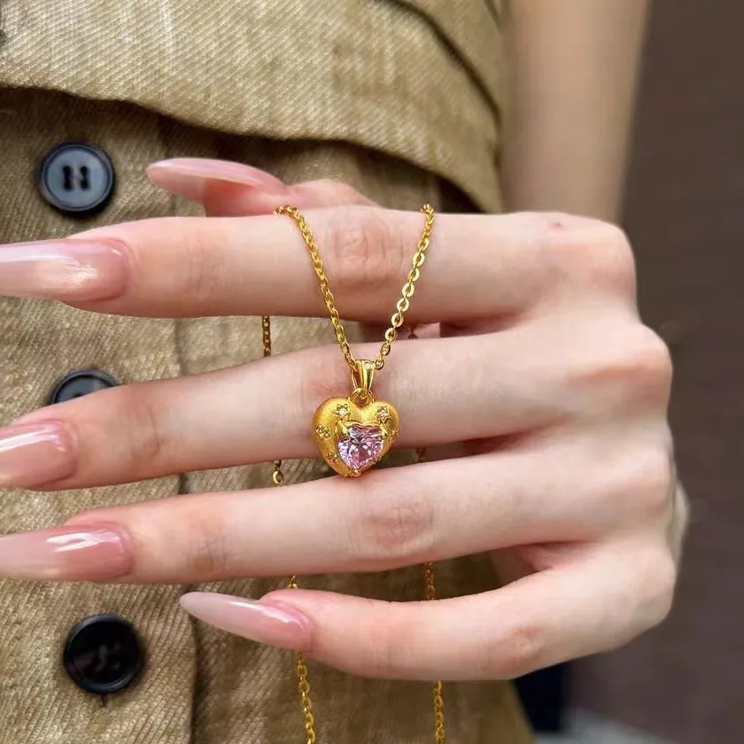 

Fashion K18 Gold Color Love Pink Zirconia Necklace Ring Sets for Women Valentine's Day Birthday Necklace Ring Jewelry Gifts