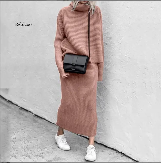 Knitted Suit Autumn Women Pullovers Sweater Crop Tops & Knitted Skirts 2 Pieces Set Warm Solid Office Lady Sweater Sets