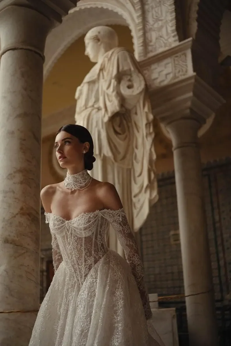 Customized Classic Romantic Basque Waist Lace Wedding Dress With Sweetheart Neckline And Off Shoulder Long Sleeved Dress