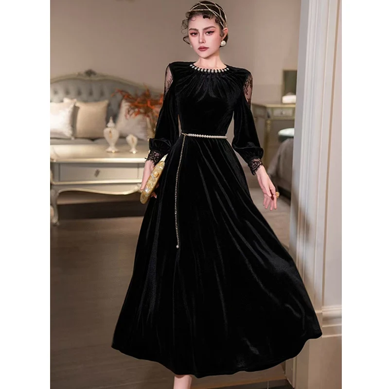 Spring New Handmade Hand Sewn Pearls O-Neck Long Sleeved Spliced Lace Exquisite Romantic Velvet Dress+Pearl Waist Chain S-XL