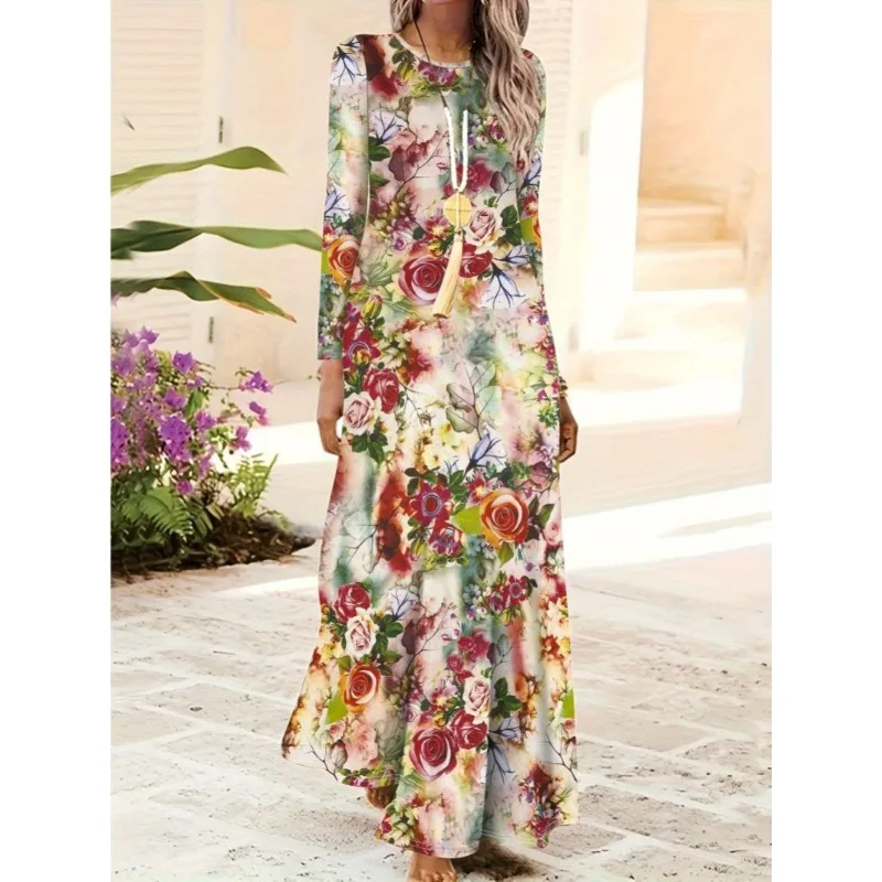 Vestido longo feminino elegante de verão simples estampa floral casual vestido de manga comprida