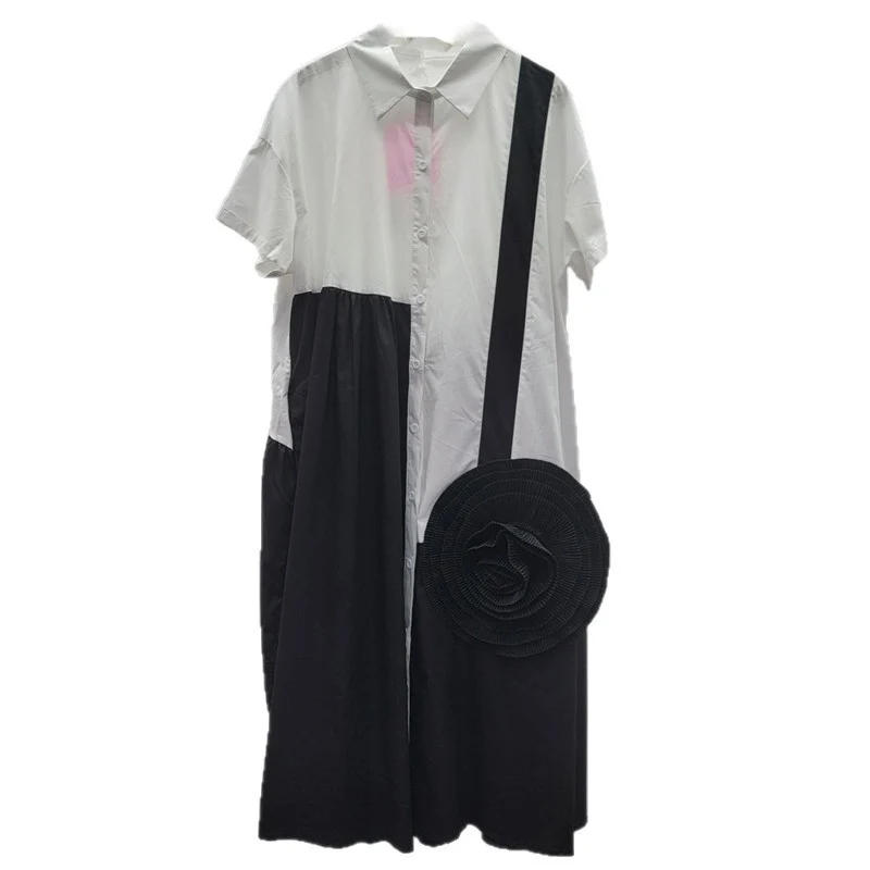Whth moda feminina emendado 3d enrugado flor camisa vestido 2025 verão lapela mangas curtas vestidos femininos 1ls2027