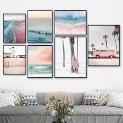 Beach Aerial Photography Print Nordic Poster Home Decor Blush Pink & Blue Ocean Wave Wall Art Picture Canvas Painting Decoration