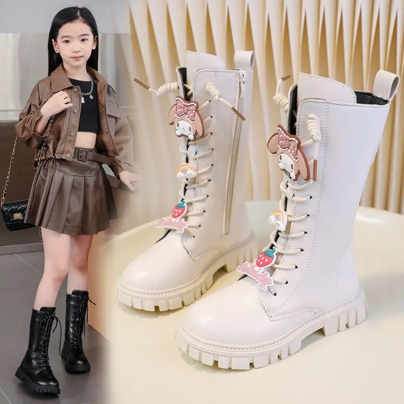 

Cute Sanrio Girl Winter Mid-Calf Boots Kuromi My Melody Decor Furry Lined Martin Boots Lace-Up Non-Slip Sole Daily Outdoor Shoes