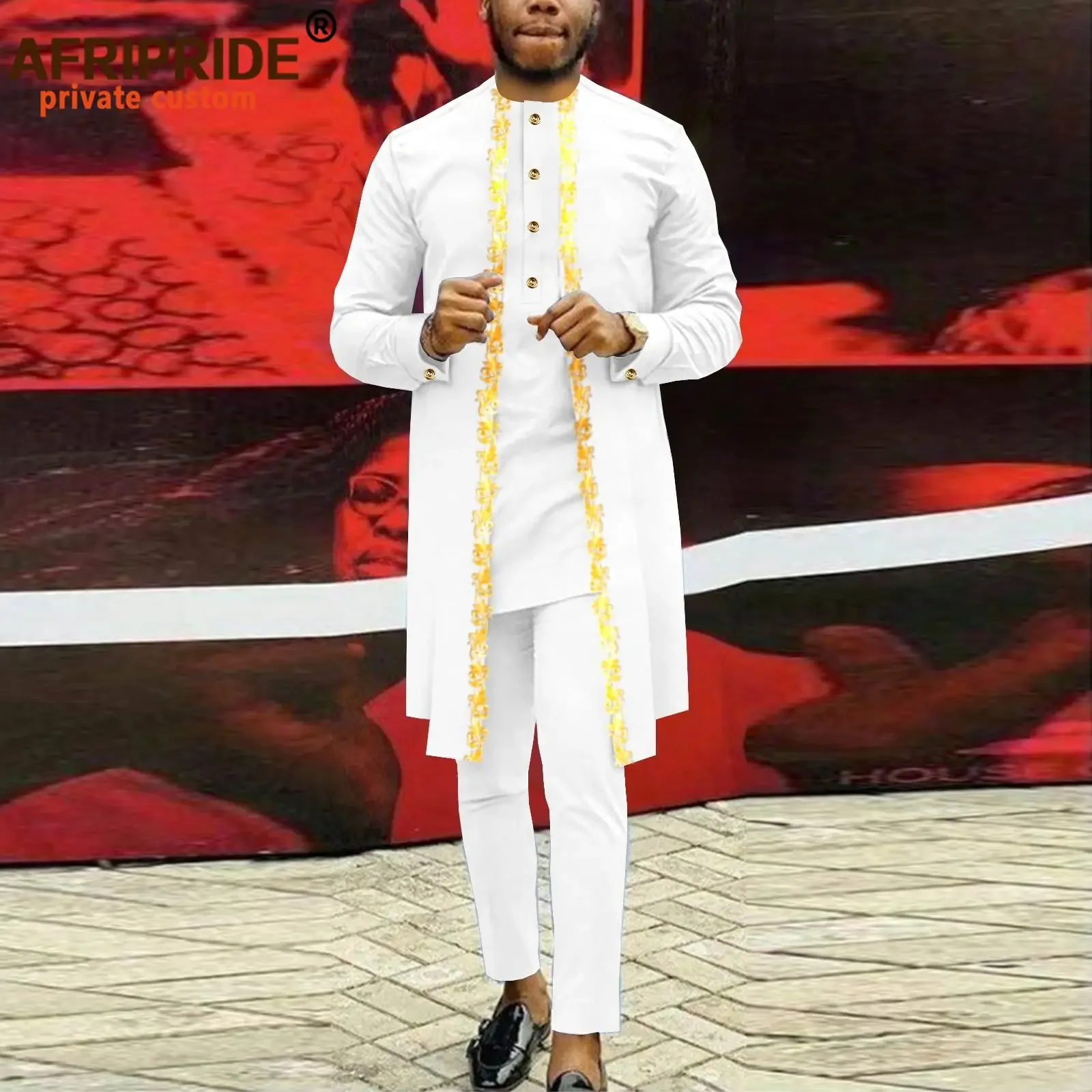 African Clothing for Men Single Breasted Embroidery Shirts and Pants 2 Piece Set Dashiki Outfits for Party Wedding A2416013