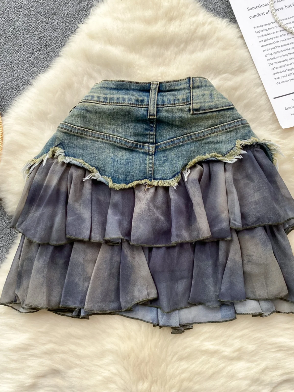 

Spicy Girl Design Sense Snowflake Lace Trim Splicing Fringe Denim Skirt Women ort High Waist A-Line Midi Skirt