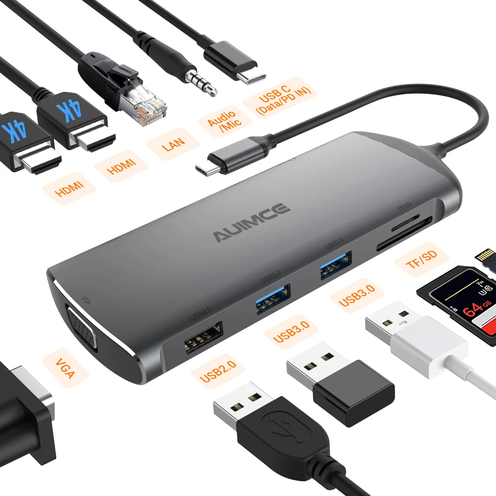 USB C Docking Station Triple Displays with 2*4K@30Hz HDMI+VGA,3*USB-A,USB-C PD 100W,Gigabit Ethernet,SD/TF