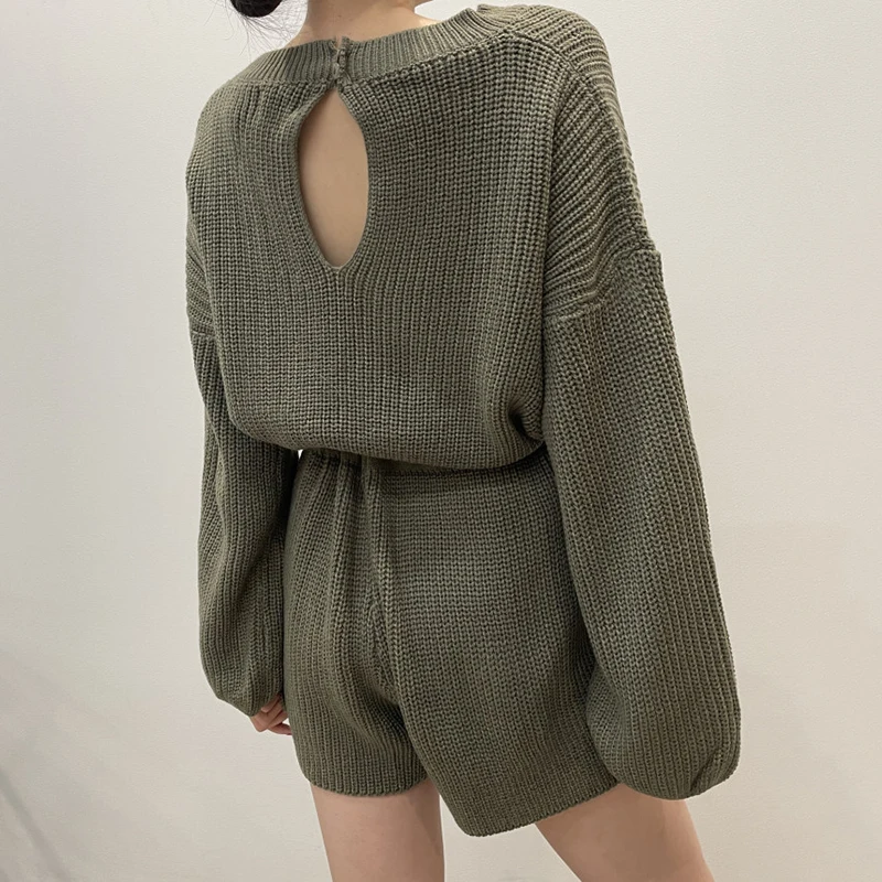 

Chic Retro round Ne Bal Hollow out Long Sve Knitted Rer Women's Dstring Waist High Waist Wide Leg Pants
