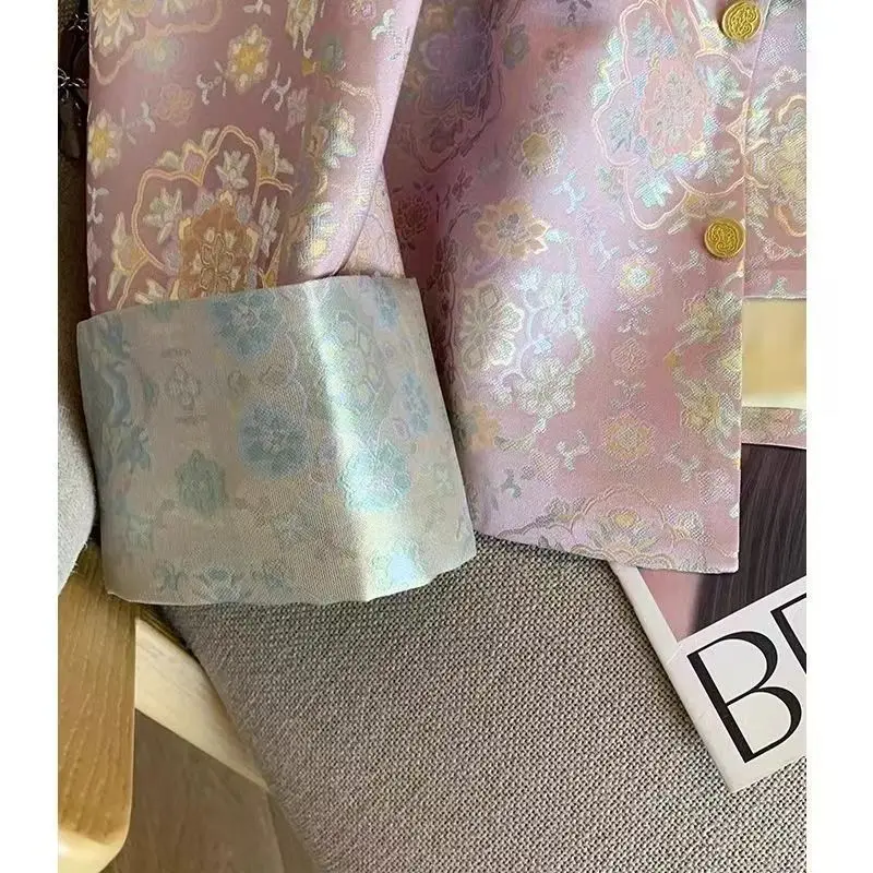 Pink New Chinese Style Coat Women Spring Autumn Traditional Buckle Hanfu Flower Printed Short Coat Vintage Elegant Tops 2025