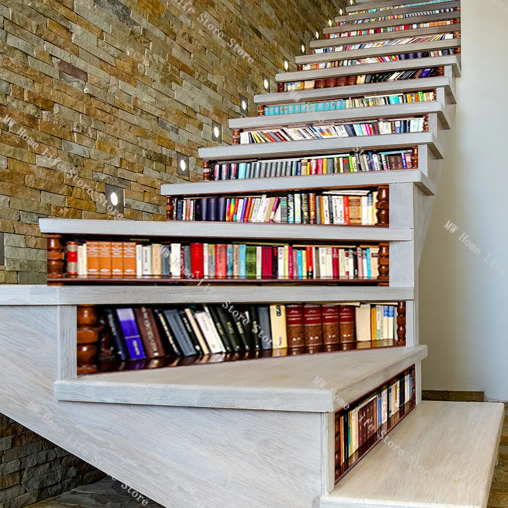 Creative 3D Retro Bookshelf Pattern Wall Sticker Removable Steps Decoration Staircase Sticker