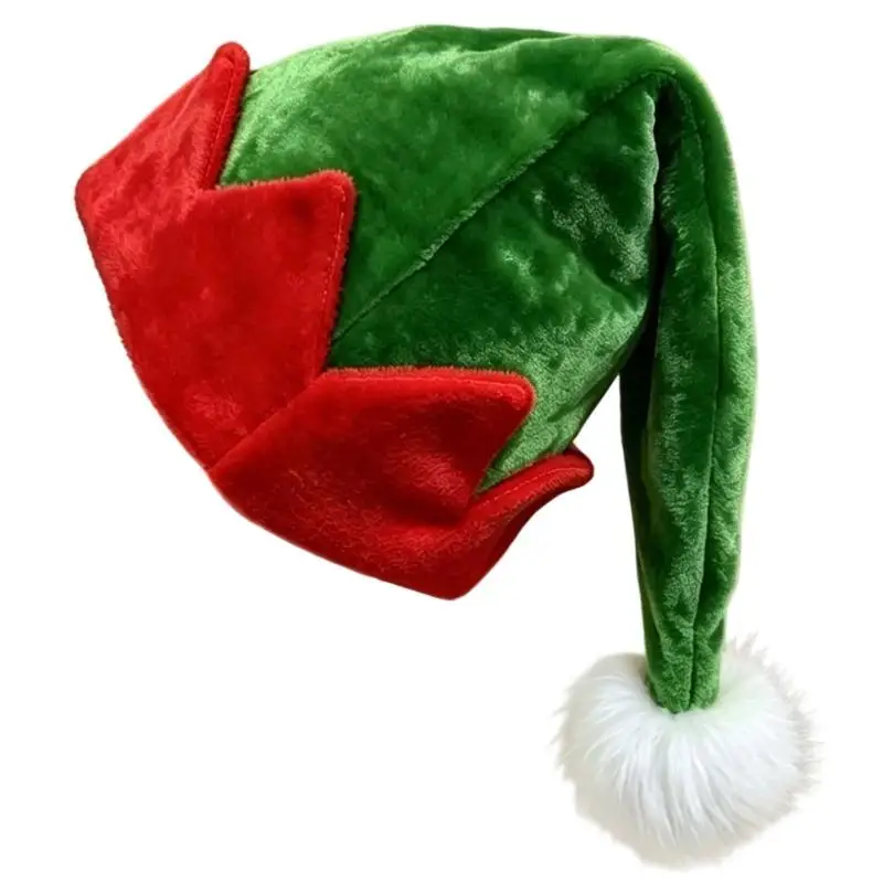 31BB Christmas Party Elf Holiday Hat Soft Plush Costume Cap with Pointed Top Jagged Brim and Packable Storage for Travel Use