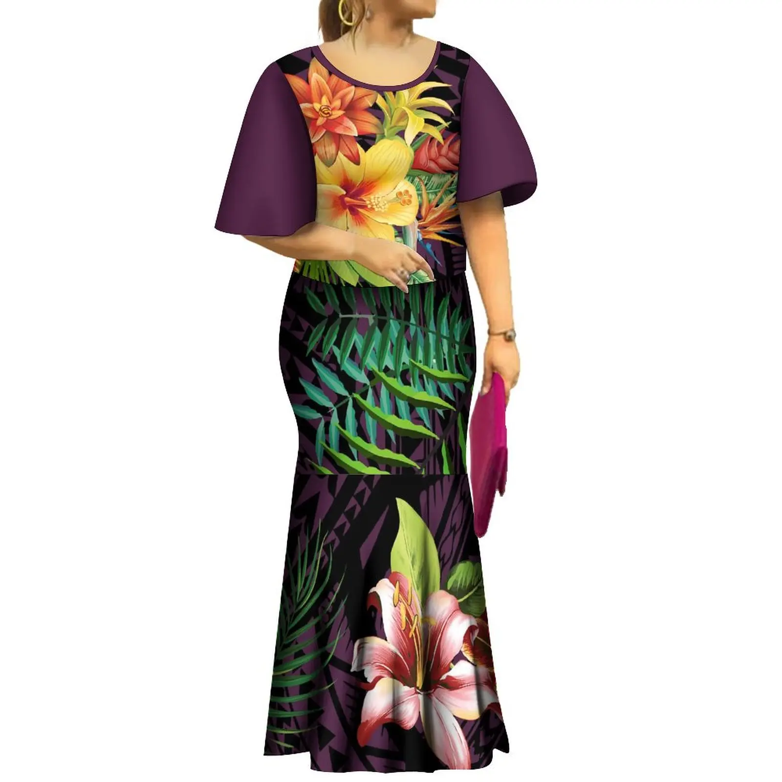 Women\'S Flared Sleeve Dress High Quality Puletasi Two-Piece Polynesian Tribe Dinner Party Elegant Fishtail Dress Plus Size 8xl