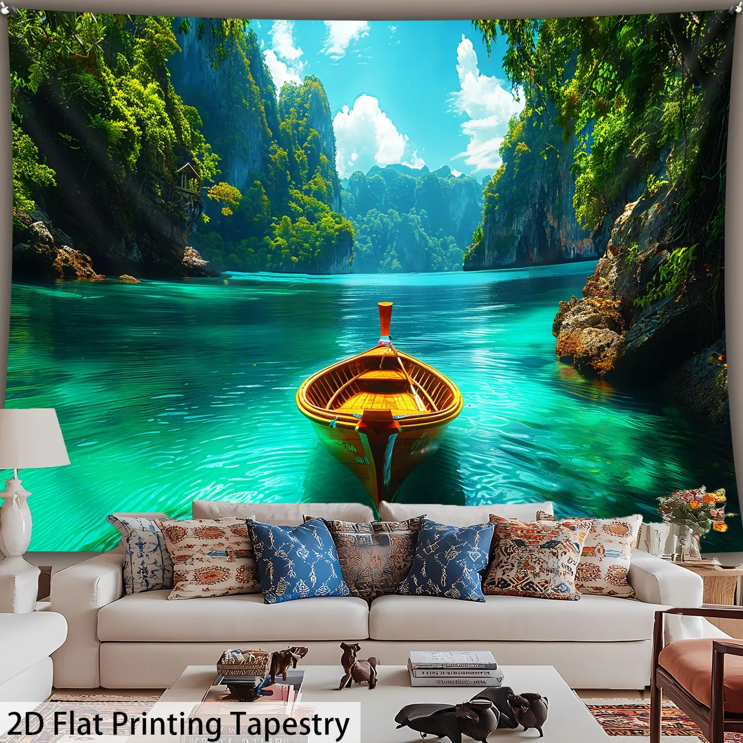 Crystal Clear River Boat in Jungle Valley Wall Mural 2D HD Print Scenic View Travel Decor Nature Landscape Home Living Room