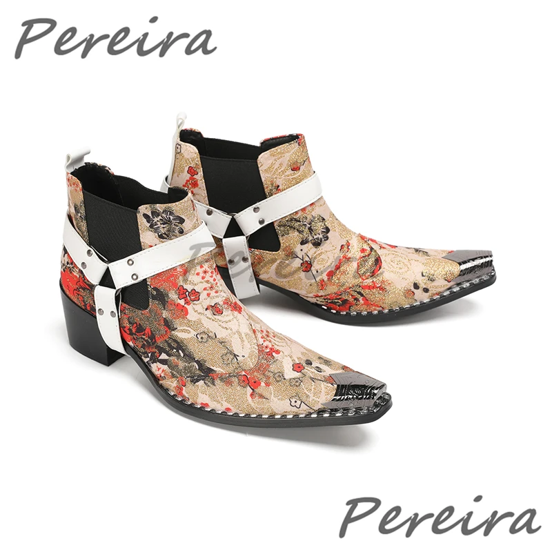 

Metal Buckle Flower Embroidered Chelsea Boots Iron Pointed Toe High Heels Men's Short Boots Trendy Genuine Leather Dress Shoes