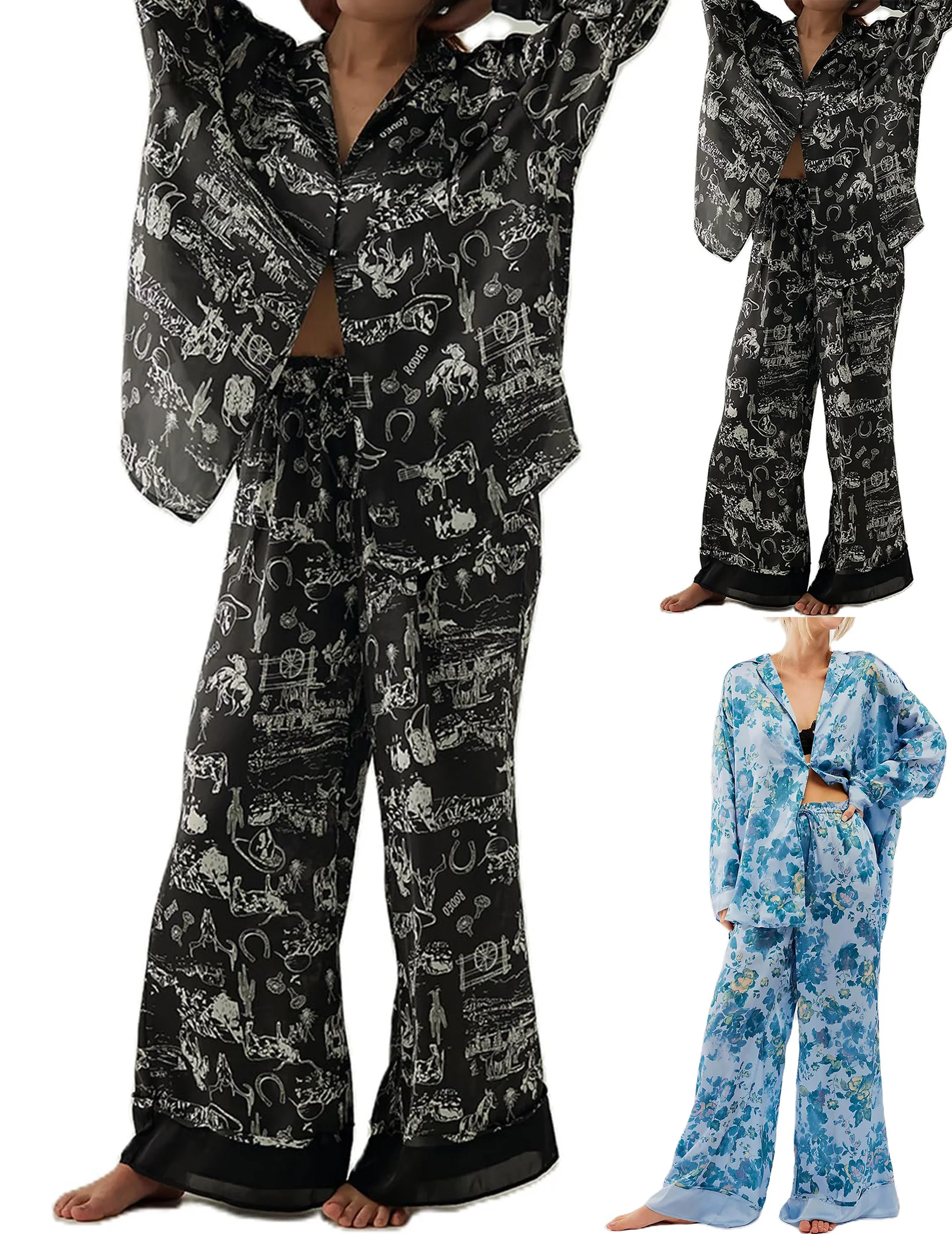 

Women Floral Silk Pajamas Button Down Shirts Wide Leg Pants Pjs Sleepwear