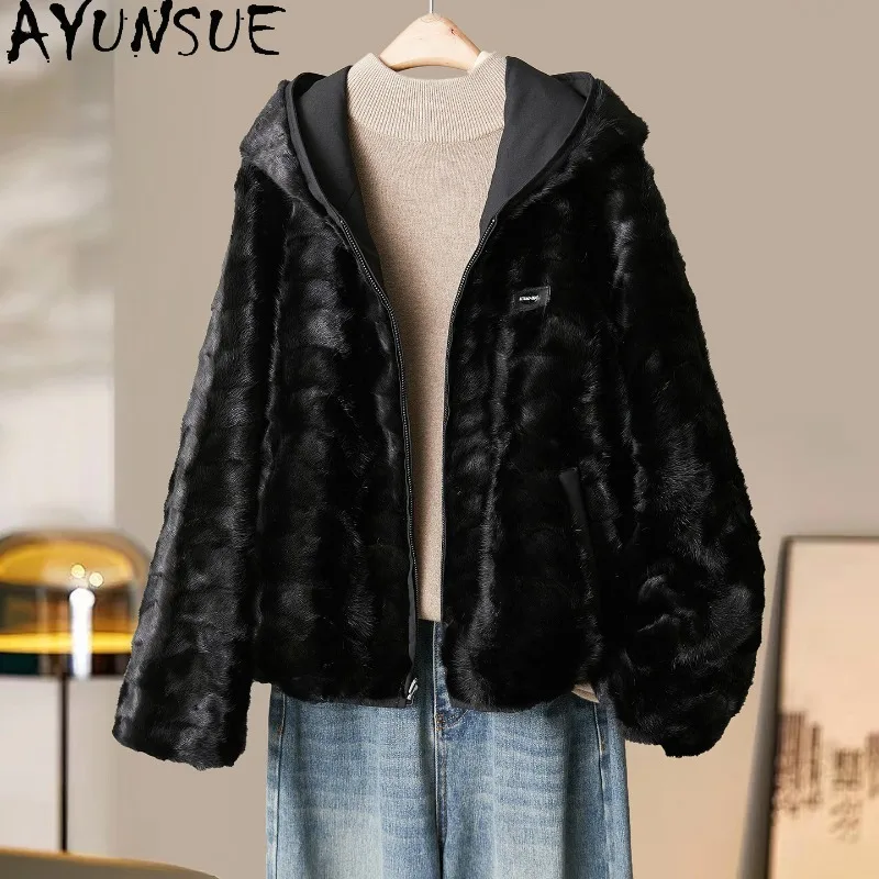 

Шуба из натурального меха норки AYUNSUE, двусторонняя, теплая, с капюшоном, стильная, с длинными рукавами, для женщин, зимняя одежда