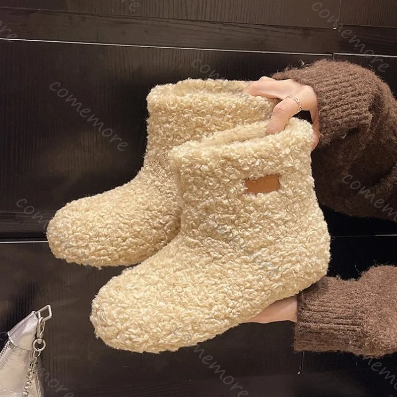 Comemore Padded Thickened Snow Boots Women Flat Bottom Winter Warm Lamb Wool Cotton Bottines Casual Furry Soft Bottes Femmes