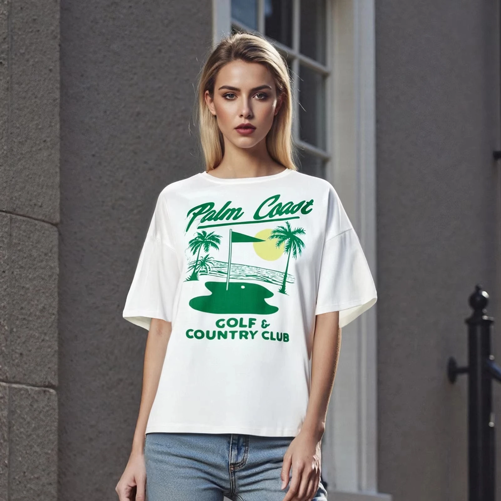 

Топ с графическим рисунком, женская одежда, свободная футболка с круглым вырезом и короткими рукавами с принтом побережья и кокосовых пальмов, одежда Y2k