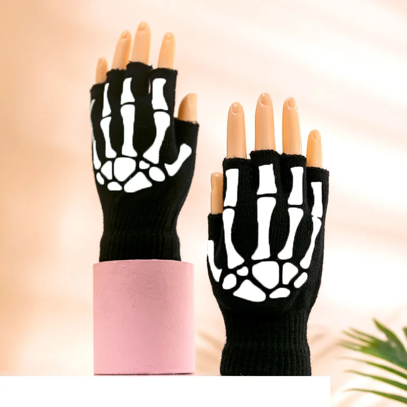 

Winter Warm Knitted Half-finger Gloves Halloween Luminous Fluorescent Skull Claws Printed Cycling Non-slip Motorcycle Gloves