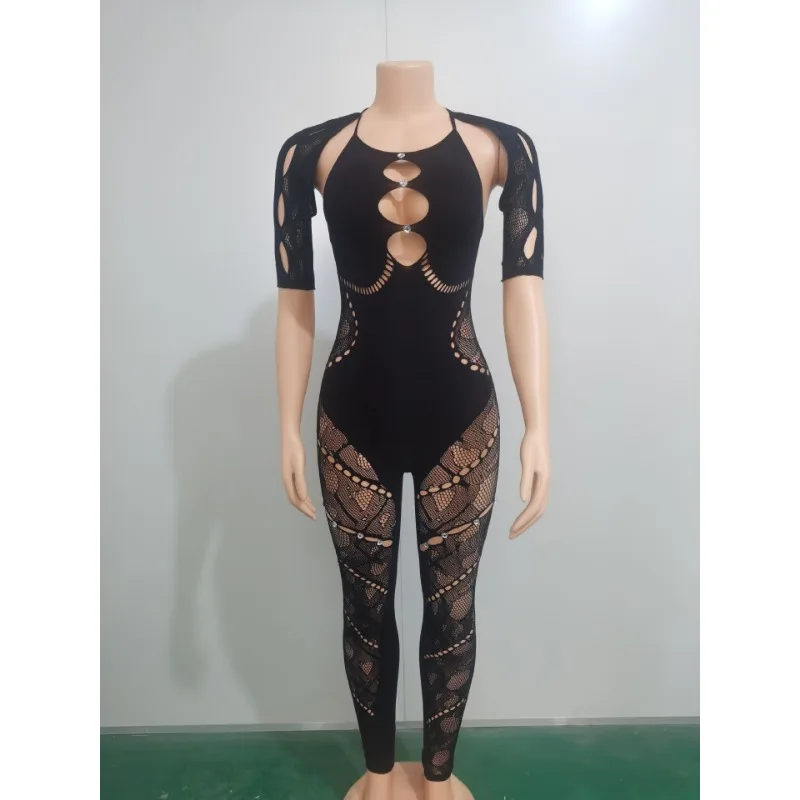 2024 Summer Sexy Knitted Hollow Diamonds Skinny Jumpsuit Women Solid Lace Up Backless See Through Spicy Girls Clubwear Rompers