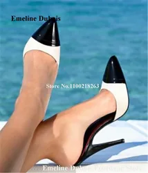 Black Pointed Toe Patchwork Slippers Emeline Dubois Red White Matte Leather Stiletto Heel Casual Sandals Dress Pumps Big Size