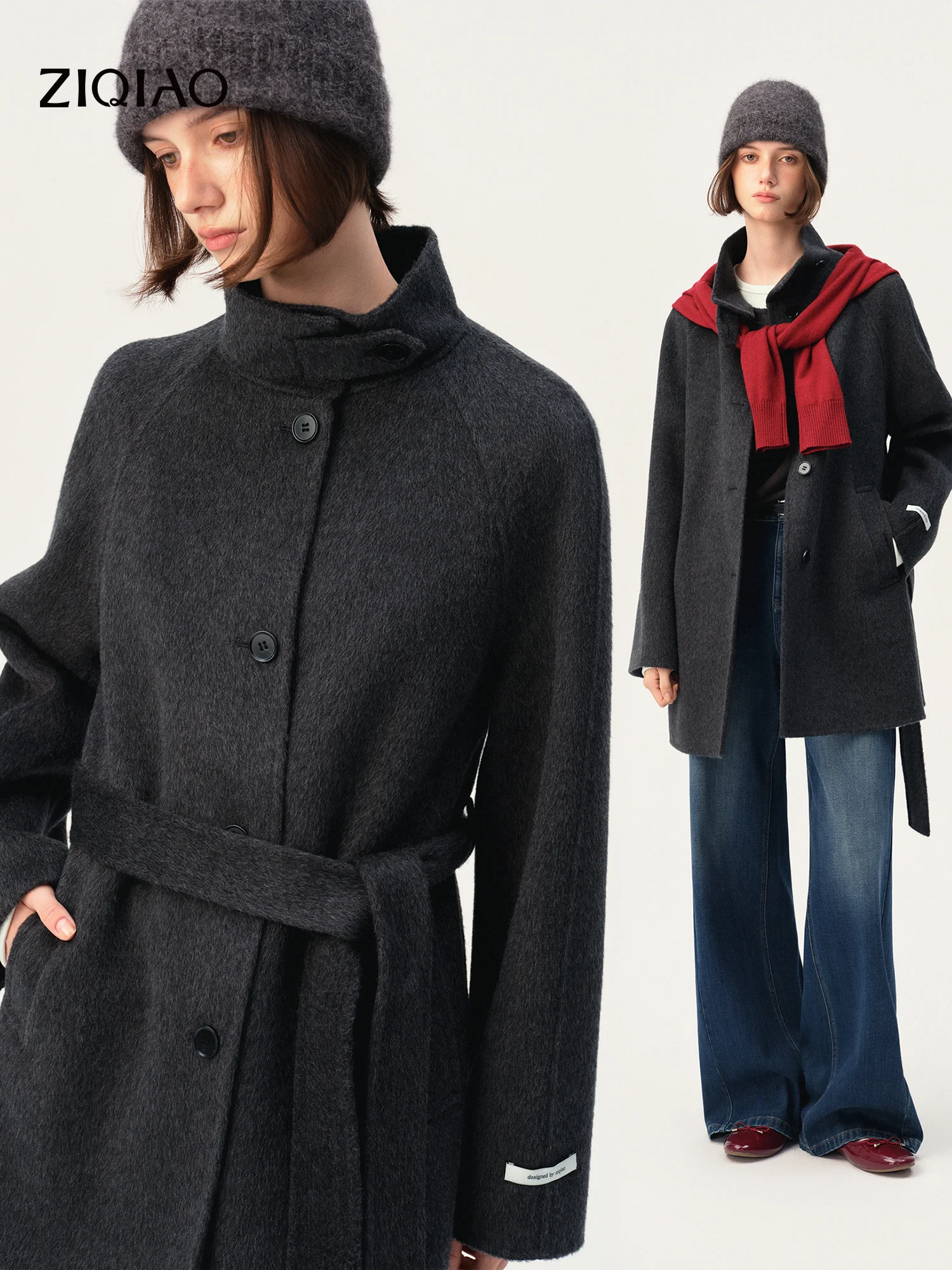 ZIQIAO Short‑Length Stand‑Collar Cashmere Coat Soft Camel Hair Woolen Outerwear Jacket 2026 Winter New Elegant Warm Overcoat