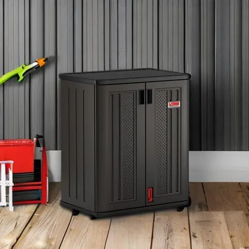 Suncast Heavy Duty Resin Outdoor Storage Cabinet 30 W x 20 25 D x 36 H Dark Grey Base Garage Storage Cabinet with Lockable