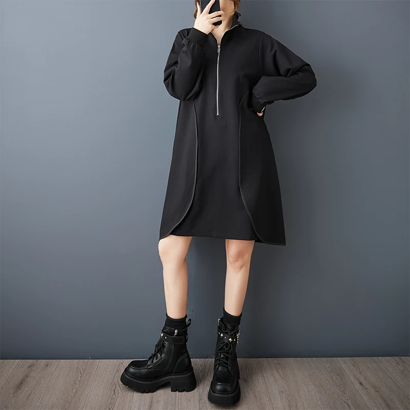 

Повседневная свободная длинная све с высоким воротником для похудения, миди Dr Street Sle, трапециевидной формы из смеси хлопка, женская застежка-молния Dr