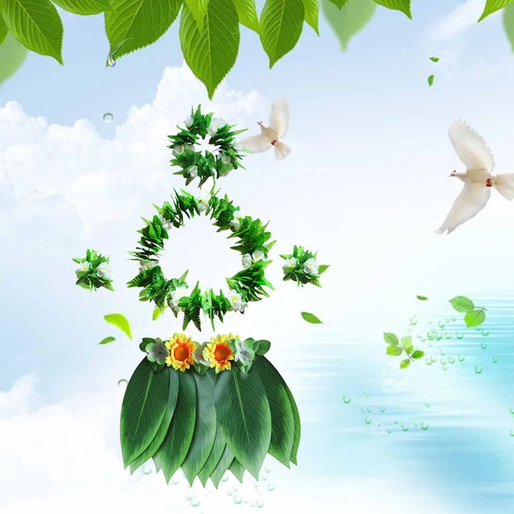 1 pezzo di gonna a foglia Hawaii set stampato con cintura regolabile ghirlanda fascia per capelli fiore a mano festa tropicale Hawaii