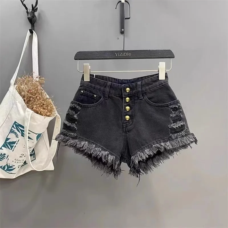 

Retro Perforated Heavy Fringed A-line super Shorts Jeans Hot Girl Body-Hugging Single-Breasted Denim Shorts