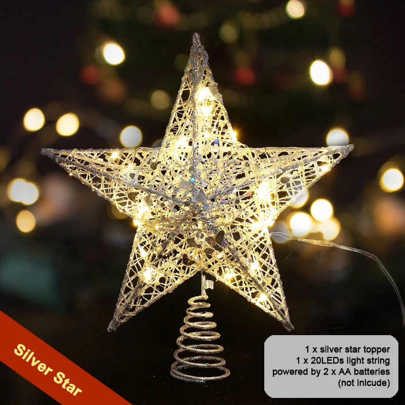 

LED Star Tree Topper, Christmas Tree Toppers Xmas Glitter Gold Hollow Star with 20 LEDs Lights for Xmas Tree Decor