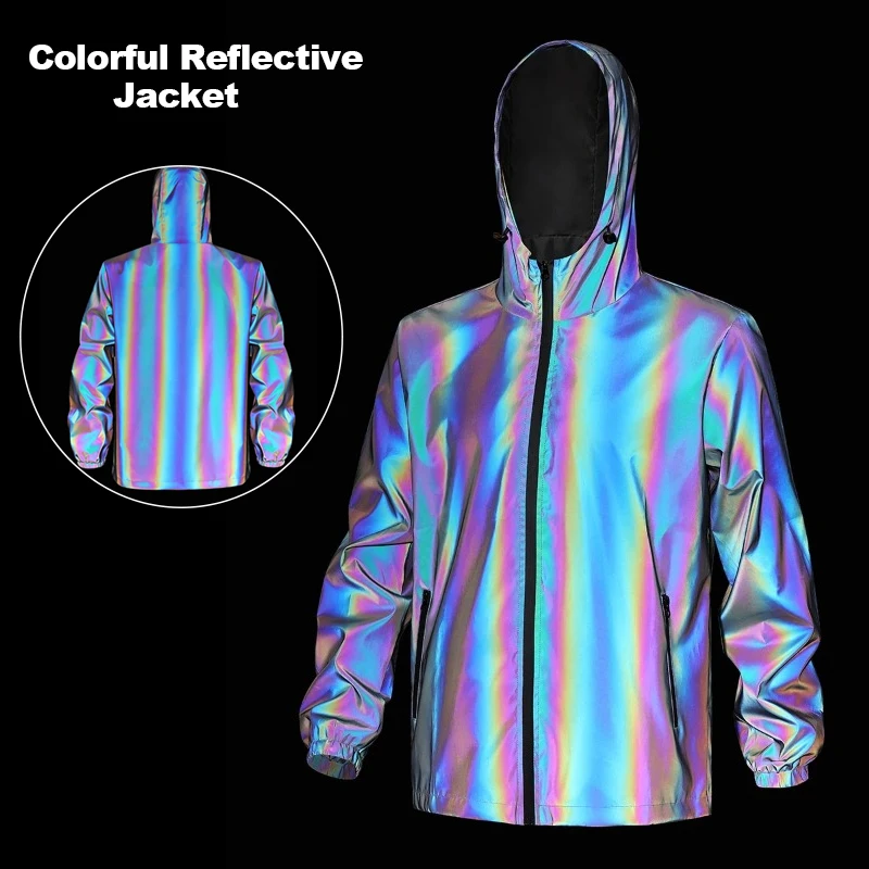 

Fashion Gradient Reflective Men's Jacket Hooded Windproof Outdoor Safety Coat for Night Cycling Jogging Streetwear Male Clothes