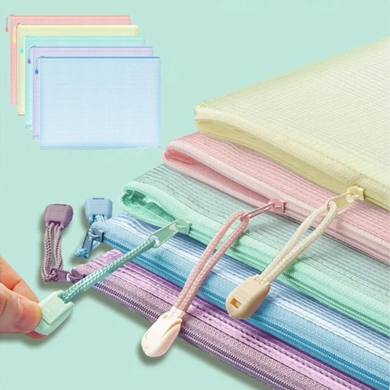 5 PCS Macaron Color Storage Folder File Mesh Zipper Pouch A4 A5 A6 Document Bag Zip File Folder Office Supplies Stationery