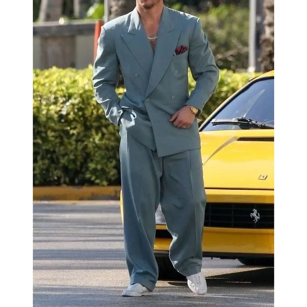 

Fashion Peak Lapel Double Breasted Solid Male Suit 2 Piece Smart Casual Wedding Groom Tuxedo Blazer with Pants Costume Homme