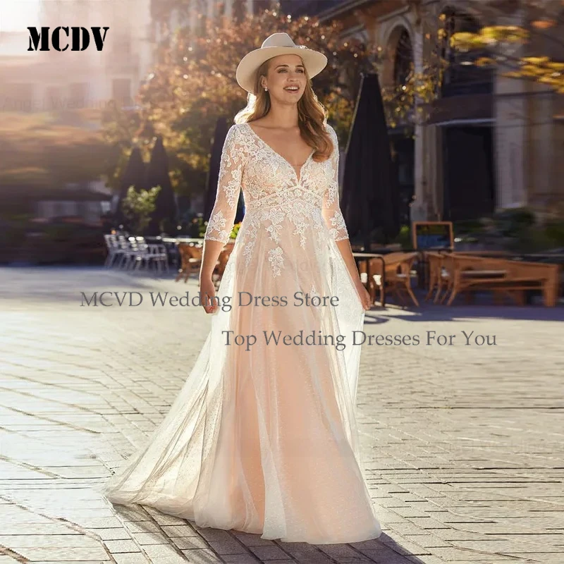 

MCDV 2025 A Line V Neck Luxury Plus Size Wedding Dresses Customized Illusion Tulle Bridal Gowns Lace Applique Vestidos de Novia
