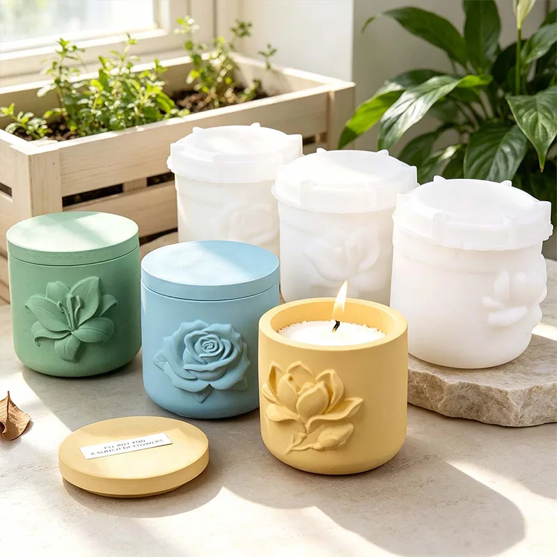 Relief Rose Flower Candle Jar Silicone Mold DIY Home Nordic Decor Magnolia Lily Flowerpot Plaster Resin Storage Box Craft Molds