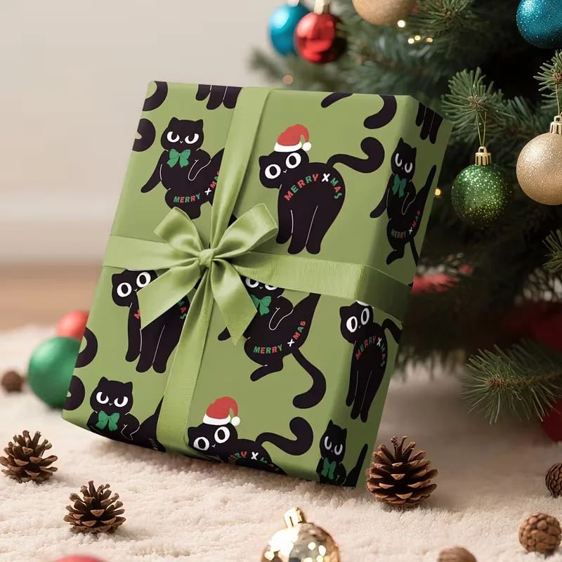 1 Roll Christmas Wrapping Paper, Green Black Cat Santa Hat Bow Print, Gift Wrap, Party Decor, Christmas Supplies, 43x500cm