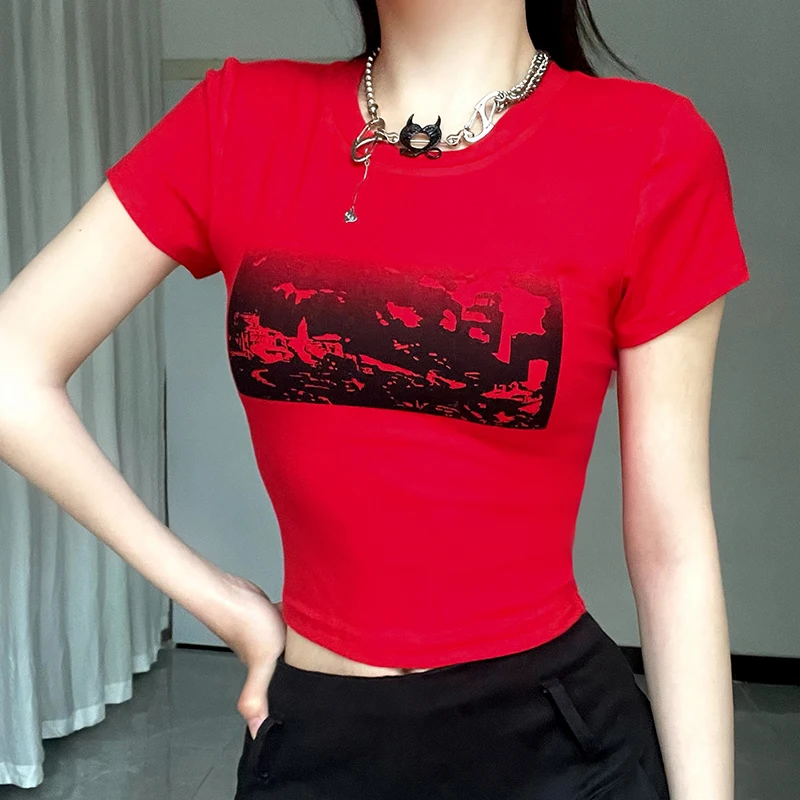 Women T-shirt Summer New Fashion Short Sleeve O-Neck Black Print Top T-shirt Casual Streetwear Red Sexy Slim Versatile Lady Tees