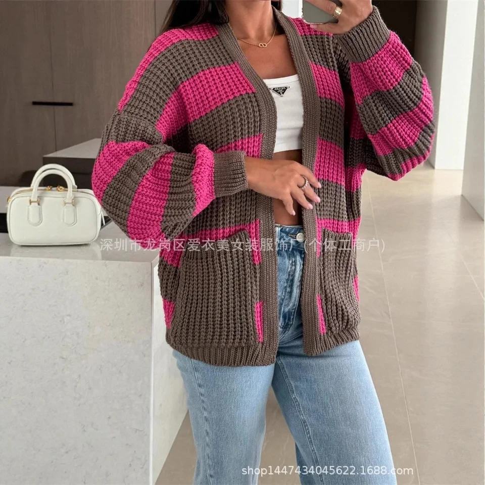 

2025 Autumn Winter New Women Loose Stripe V Neck Cardigan Sweater Pocket Color Block Versatile Slimming Long Sleeve Top