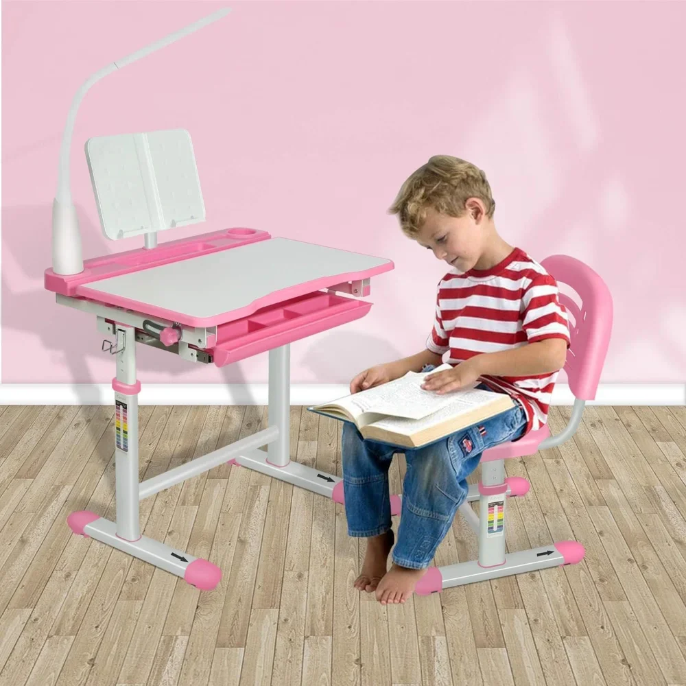 Height Adjustable Children School Study Desk with Tilt Desktop, Metal Hook and Storage Drawer for Boys Girls, Pink