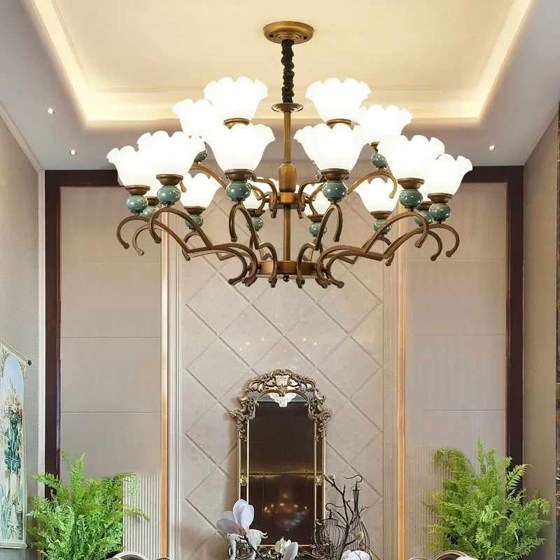 

SANDYHA Mid Ancient Style Retro Chandelier Glass Flower Pendant Light LED Lighting for Bedroom Living Room Restaurant Art Decor