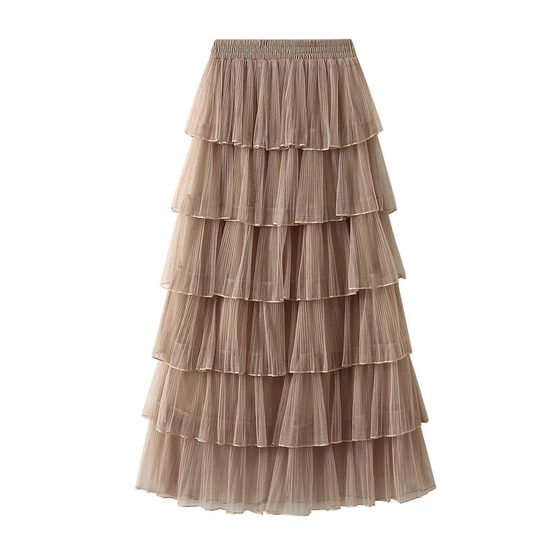 2024 Spring Autumn Elastic Waist Loose Long Skirts Fashion Layered Pleats Cake Skirt Elegant Women Solid Color Mesh Half Skirts