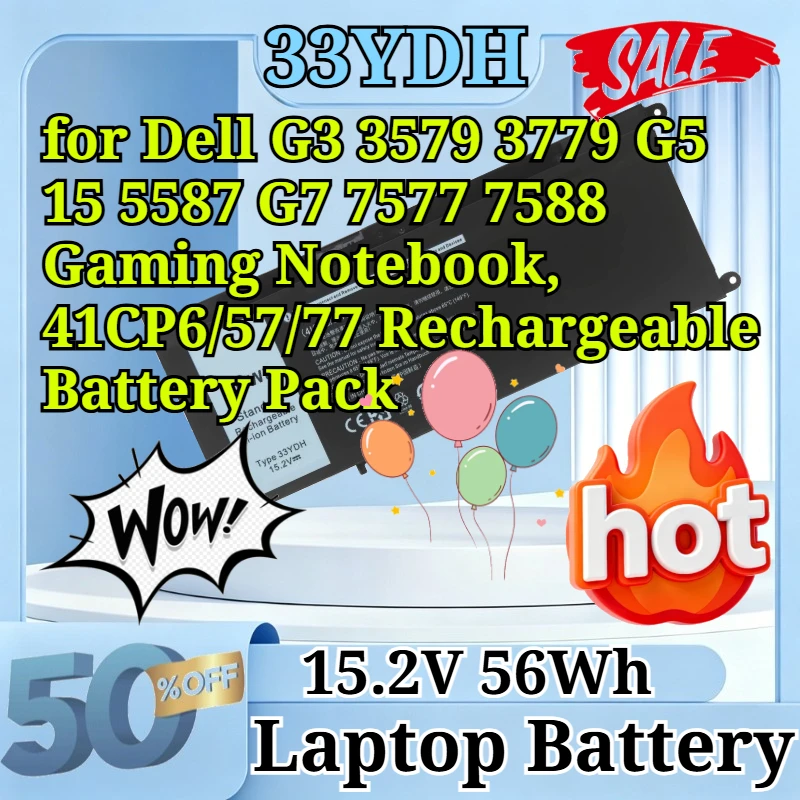 33YDH 15.2V 56Wh Replacement Li-ion Laptop Battery for Dell G3 3579 3779 G5 15 5587 G7 7577 7588 Gaming Notebook Battery Pack