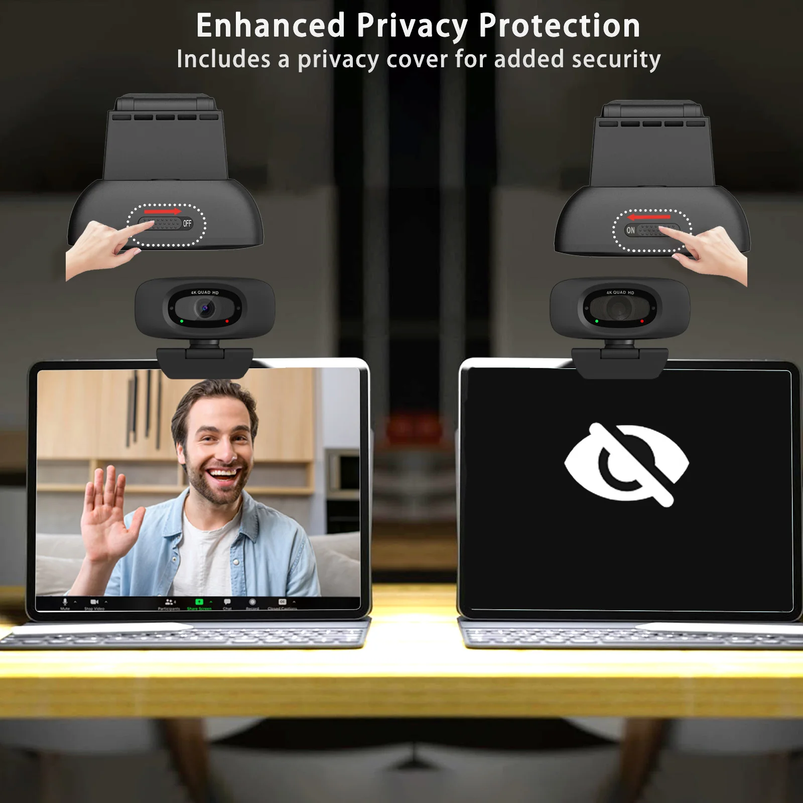 كاميرا ويب EXHQDR 4K USB مع ضبط تلقائي للصورة، 8MP30 إطارًا في الثانية، غطاء خصوصية منزلق، ميكروفون، حامل ثلاثي القوائم، Type-C، للتكبير والبث ومكالمات الفيديو، PC/Mac